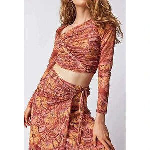 NWT Free People Supernova Set Two Piece Skirt Crop Top Long Sleeve Pink XS